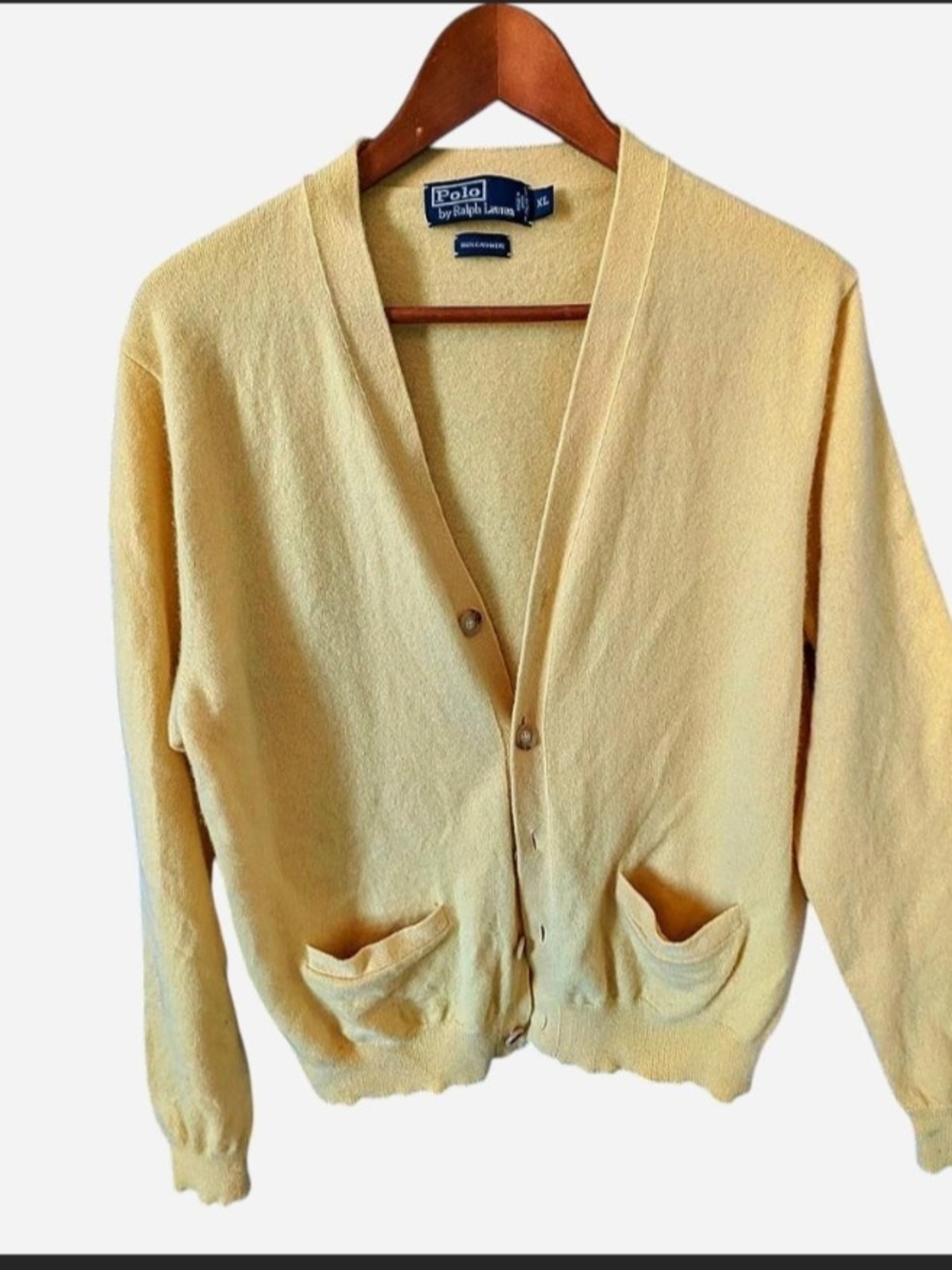 Polo by Ralph Lauren Pale Yellow V-Neck Vintage Cardigan. 100% Cashmere